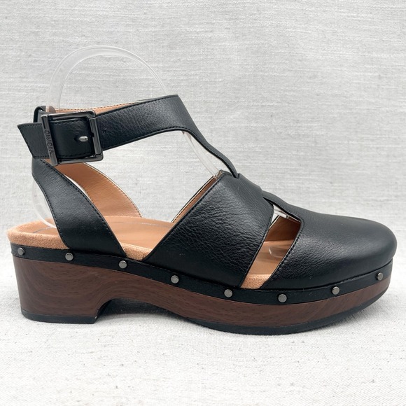 Vionic Womens 7 Faye Clog Sandals Shoes Black Leather Platform T Strap Orthotic - Picture 1 of 12